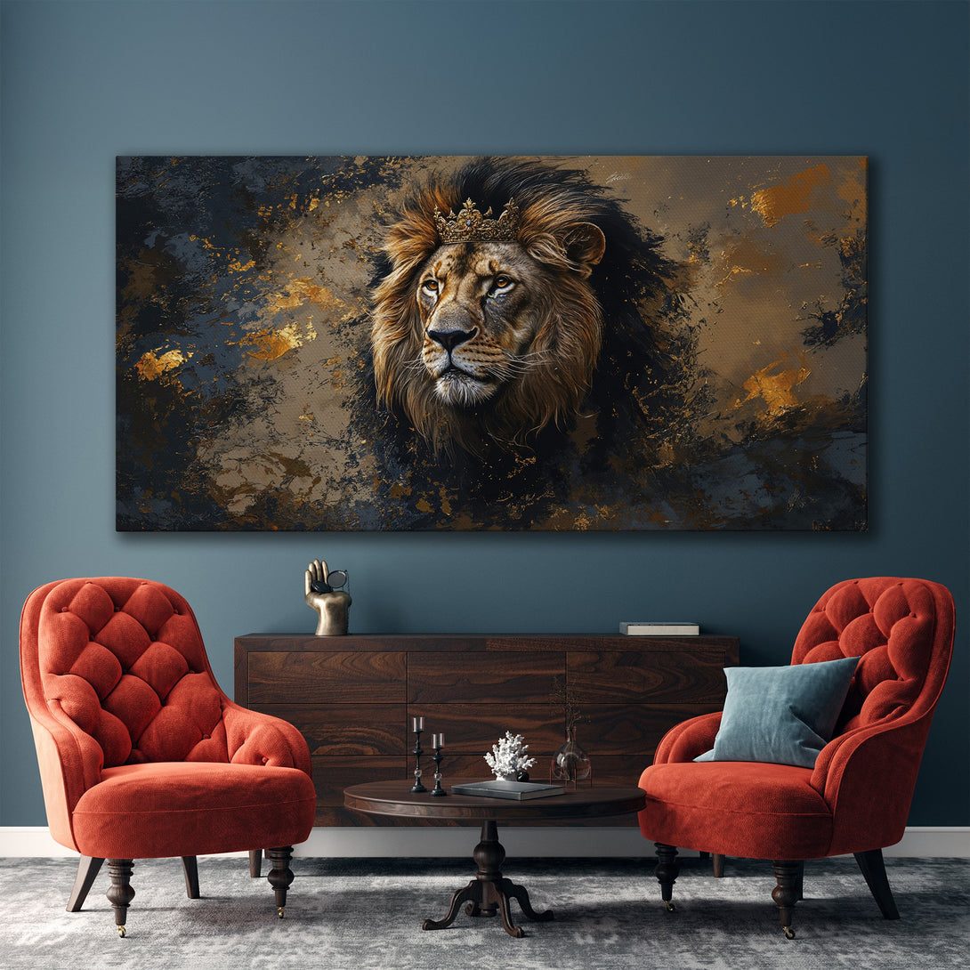 Framed Wall Art: Majestic lion portrait in a gold frame. Features a dramatic, abstract style with a dark, gold, and brown color palette. Perfect for home decor.