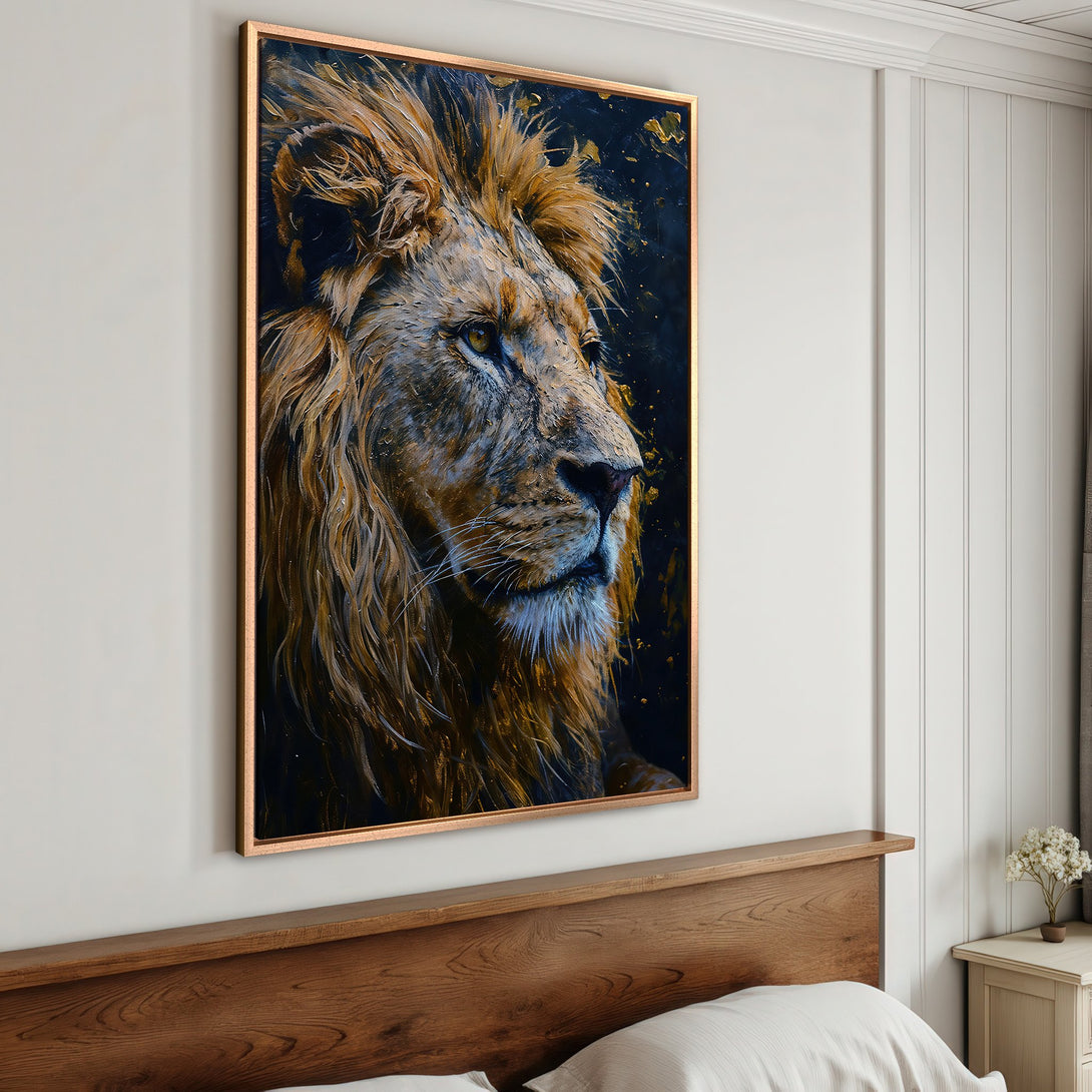 Framed Wall Art: Majestic lion portrait in warm gold and navy tones. Stunning canvas print for a bold interior statement. Shop now!