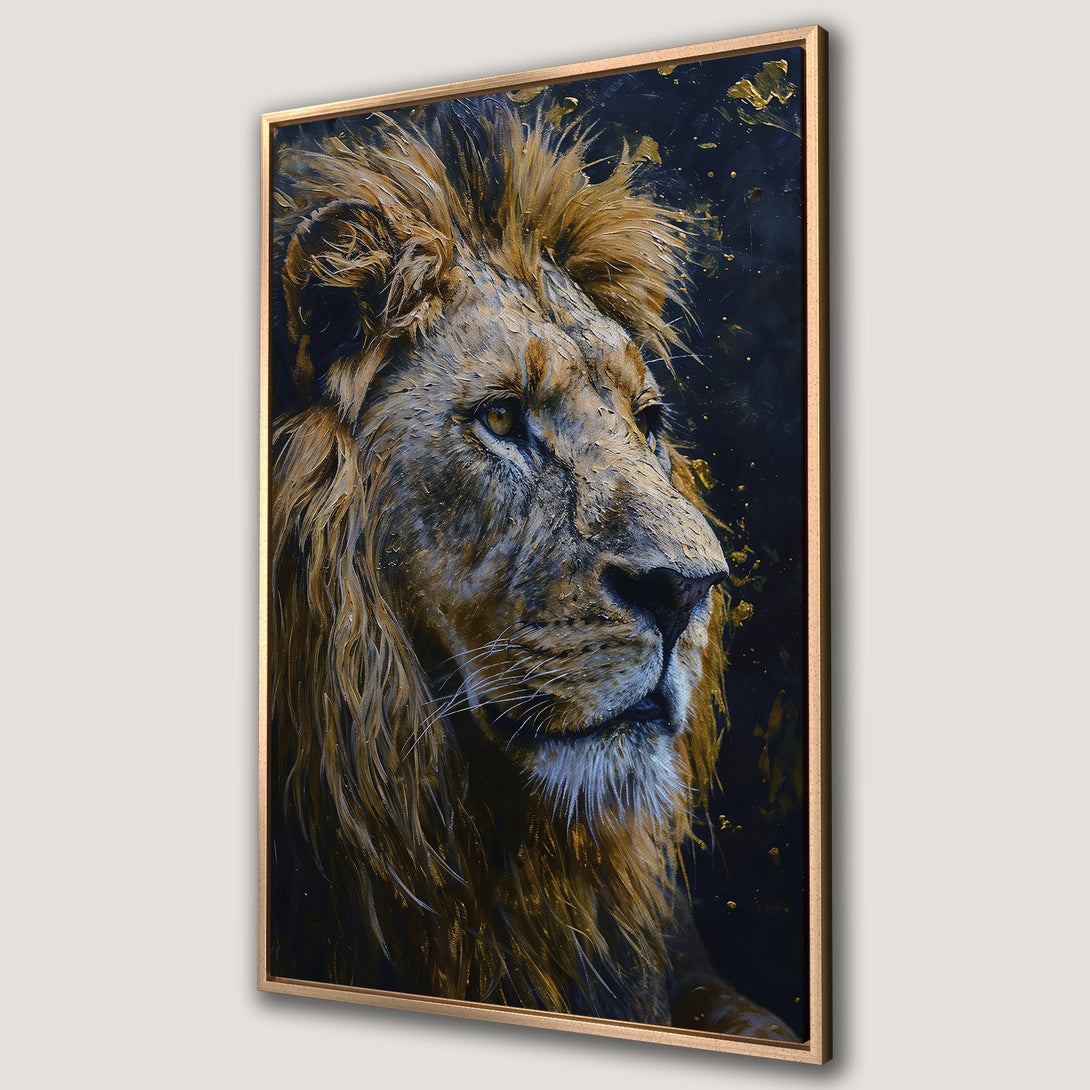 Framed Wall Art of a majestic lion. Bold, expressive painting style with a rich, warm color palette of gold, brown, and black. Perfect for adding a touch of elegance.