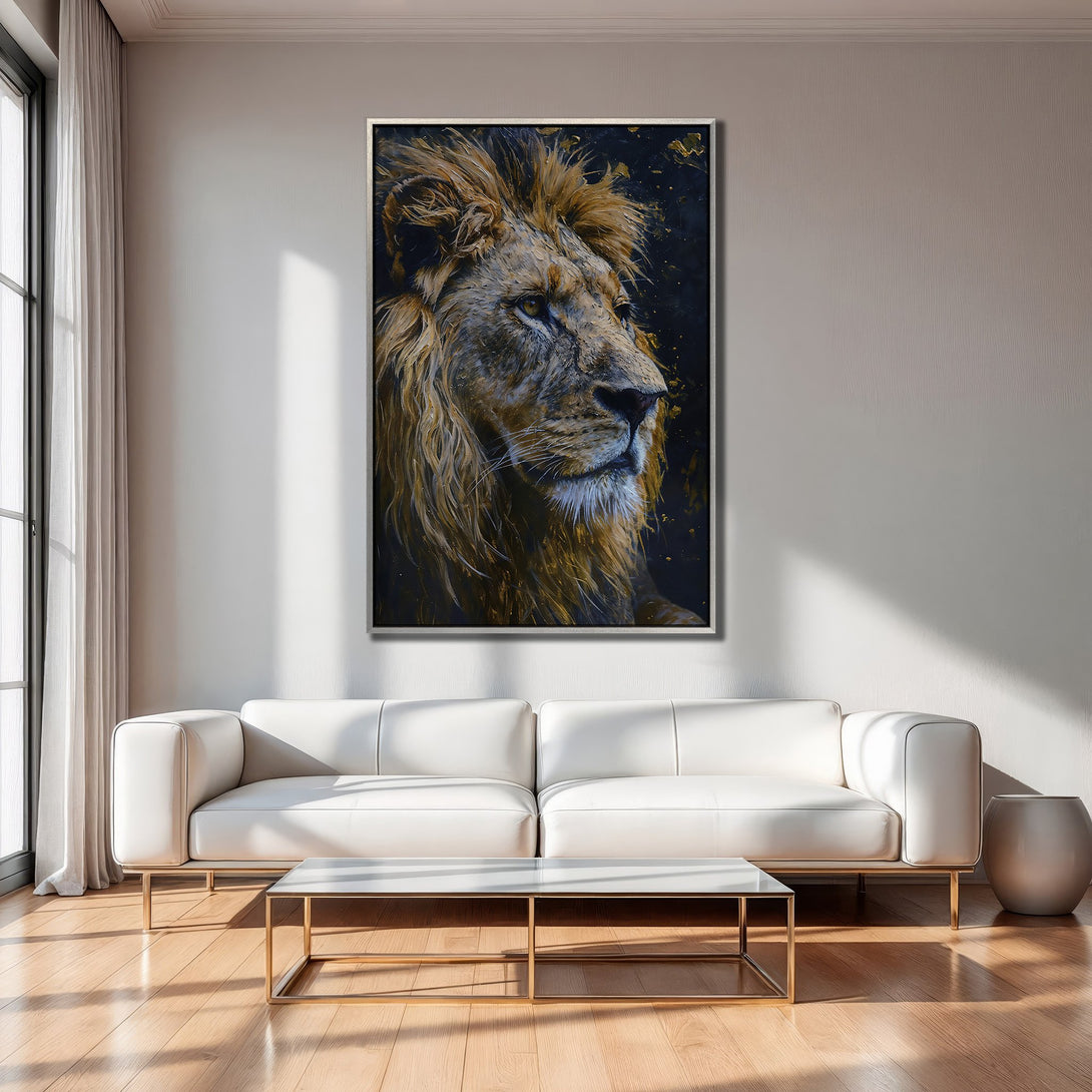 Framed Wall Art: Majestic lion portrait in warm gold & blue tones. Stunning canvas print adds a touch of wild elegance to any modern interior.