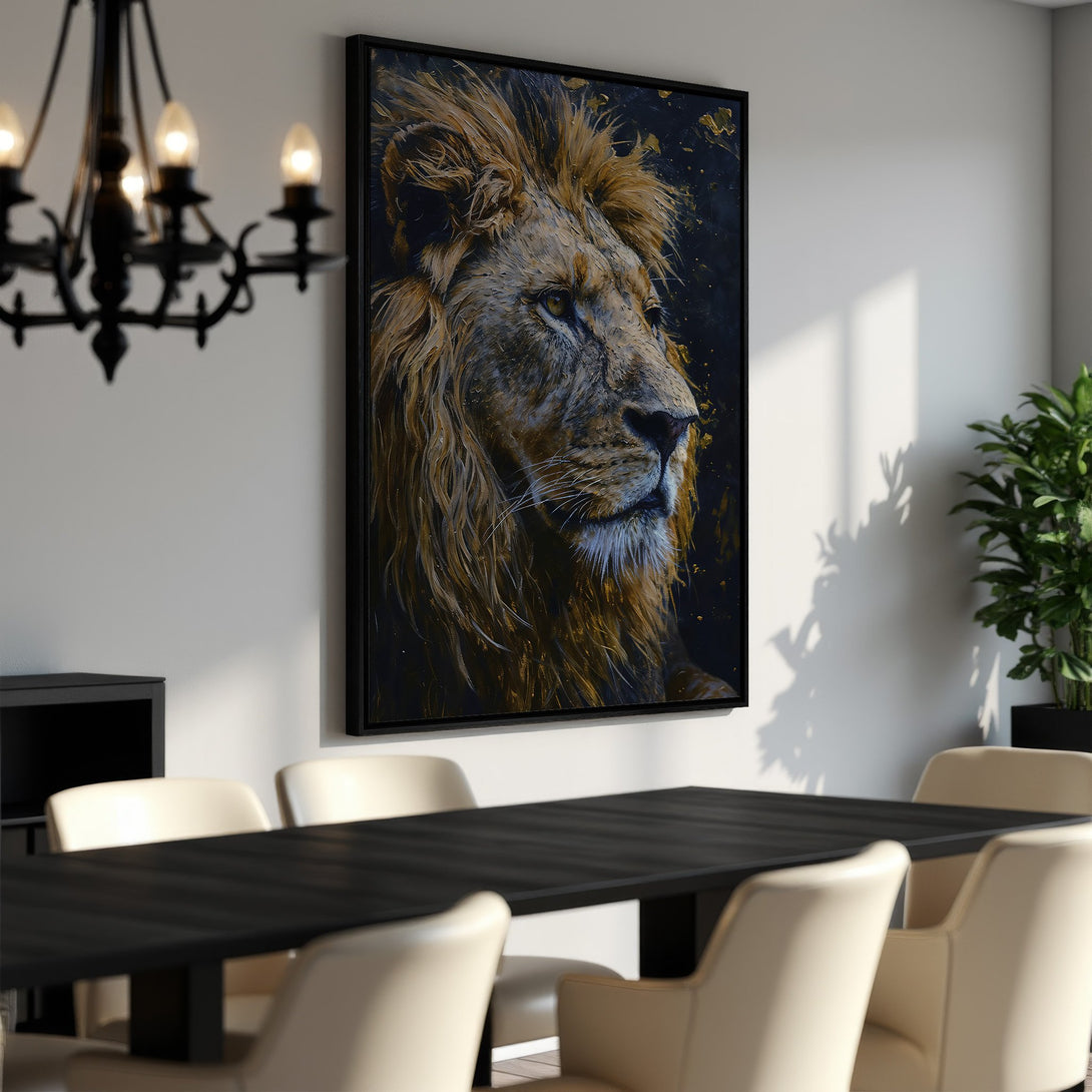 Framed Wall Art: Majestic lion portrait canvas print in warm gold and blue tones. Elevate your space with this stunning animal art piece.