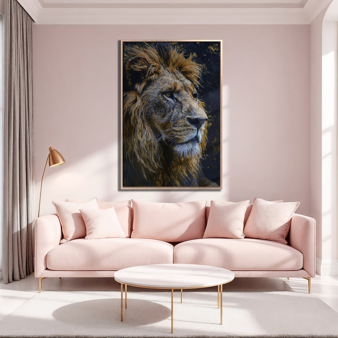 Framed Wall Art: Majestic lion portrait in warm tones. Modern Canvas Print adds elegance to a pink interior, blending gold & blue accents. Shop now!