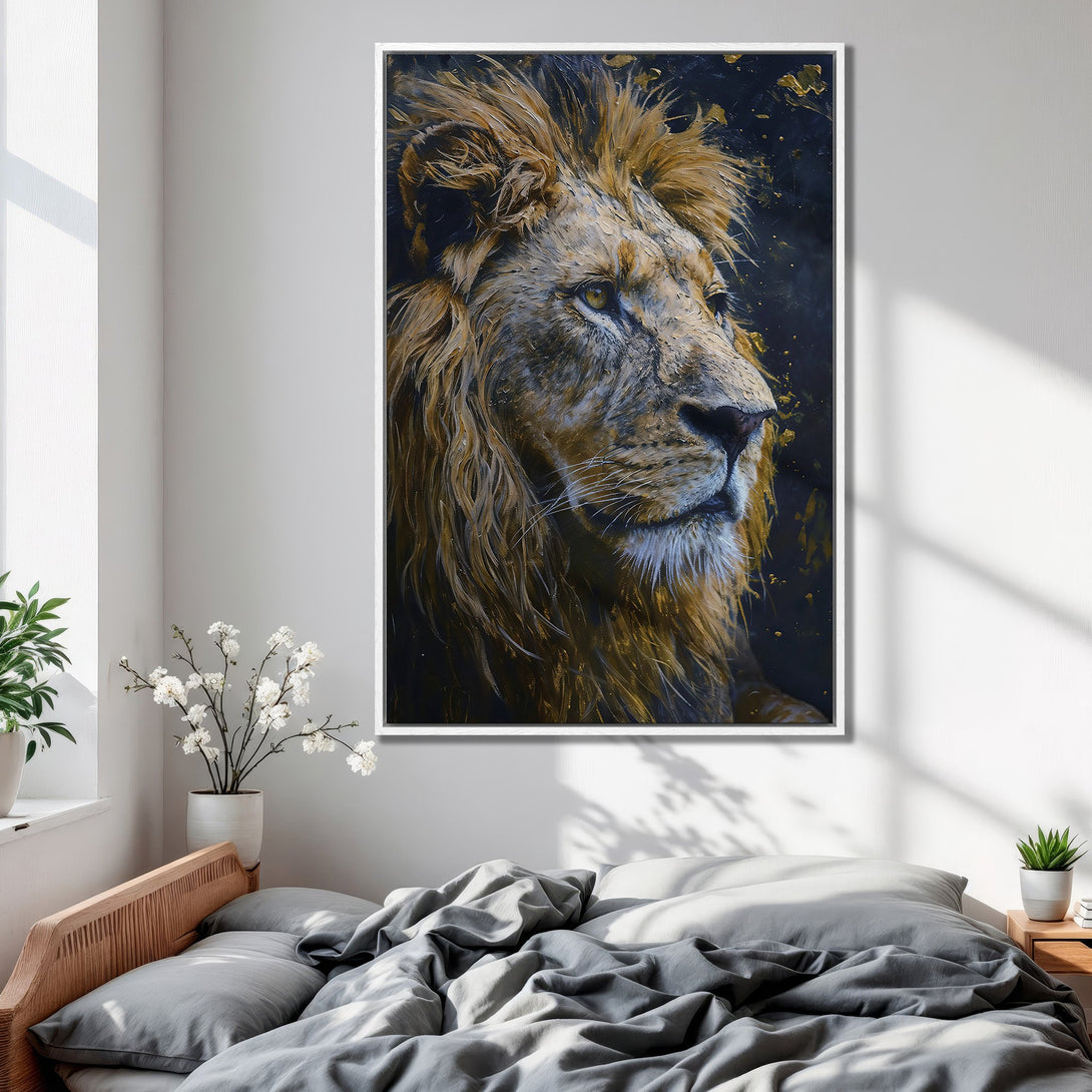 Framed Wall Art: Majestic lion portrait with warm, earthy tones. Stunning canvas print adds a touch of wild elegance to any space. Shop now!