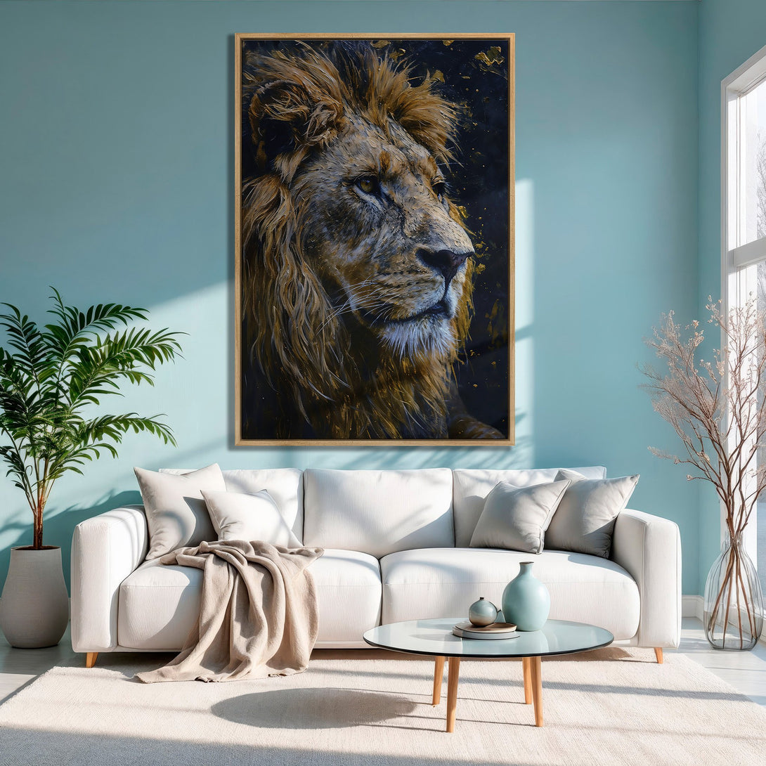 Framed Wall Art: Majestic lion portrait in warm gold and black tones. Adds a touch of luxury to any room. Perfect for modern decor.