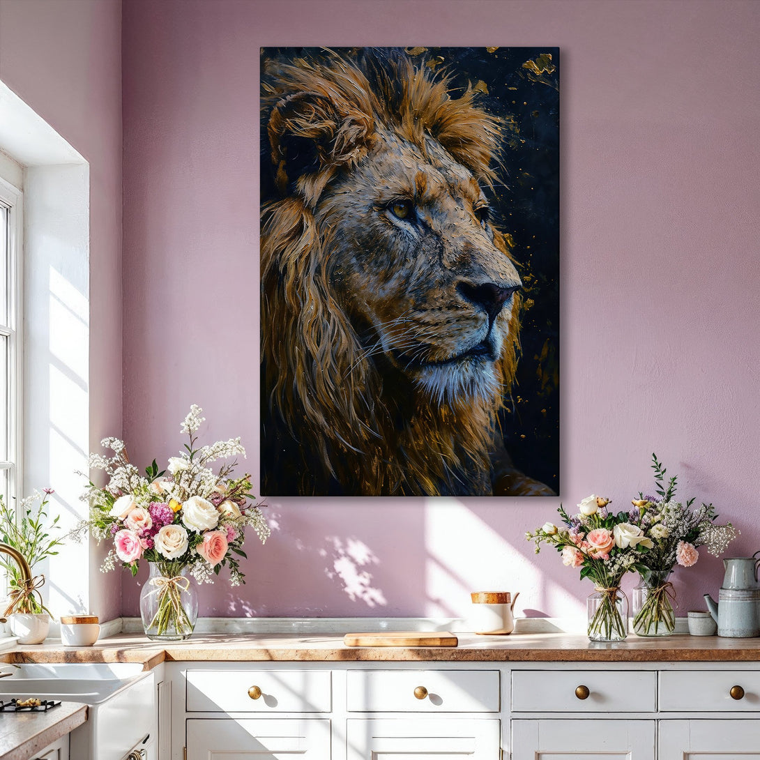 Framed Wall Art: Majestic lion portrait in warm gold and blue tones. Stunning canvas print adds a touch of luxury to any interior. Shop now!