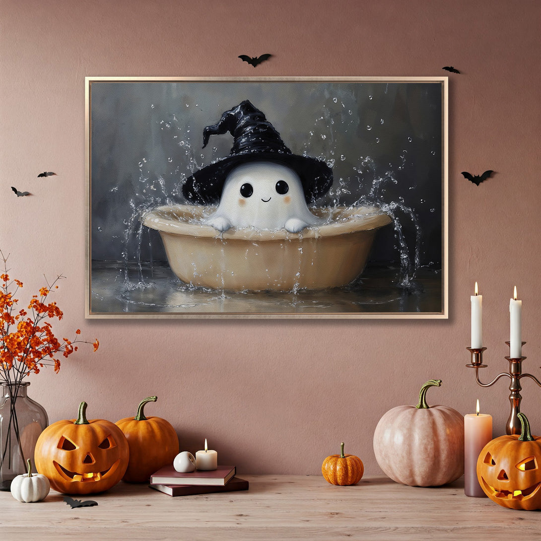 Framed Wall Art: Adorable ghost in a witch hat enjoying a bath. Whimsical style with a neutral and orange color palette. Perfect Halloween decor.