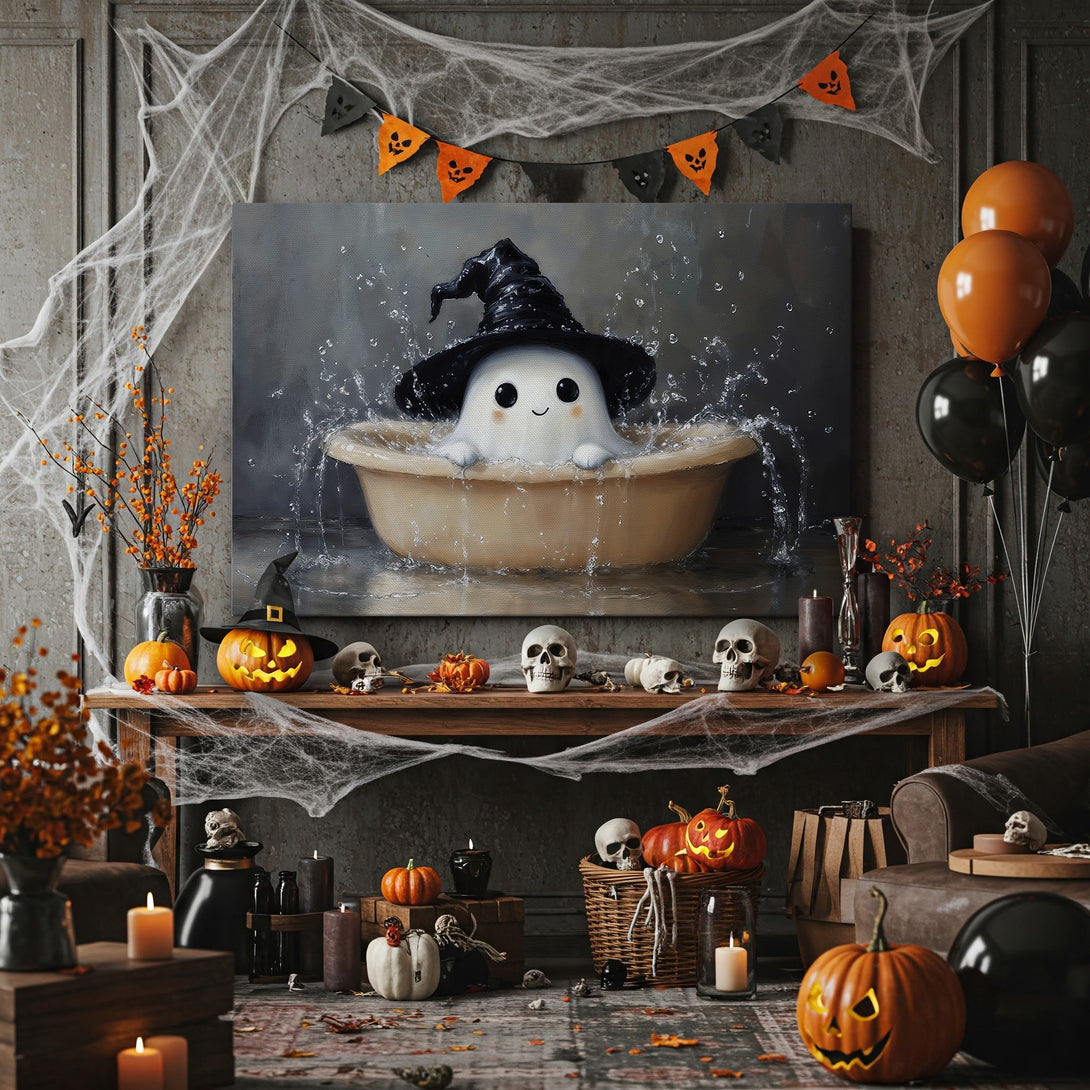 Framed Wall Art: Cute Halloween ghost in a witch hat, whimsical style, neutral & black palette. Perfect for seasonal decor!