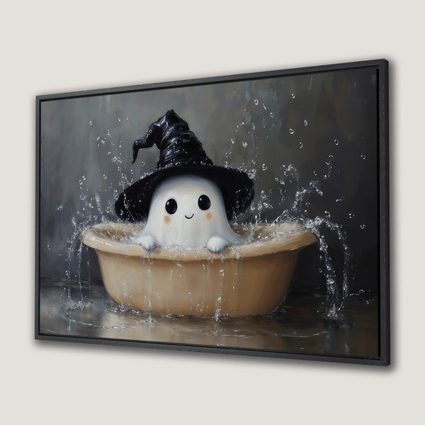 Canvas Print featuring a cute ghost in a witch hat taking a bath. Whimsical art with a neutral, gray and beige color palette. Halloween decor.
