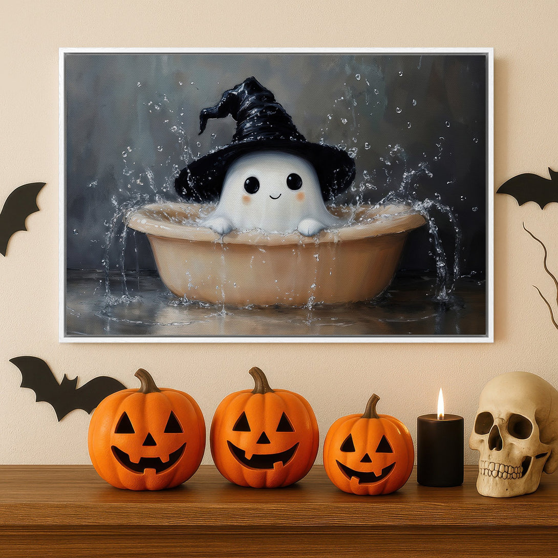 Framed Wall Art: Cute ghost in witch hat taking a bath. Whimsical Halloween decor with a neutral, gray and orange color palette. Perfect for spooky season!