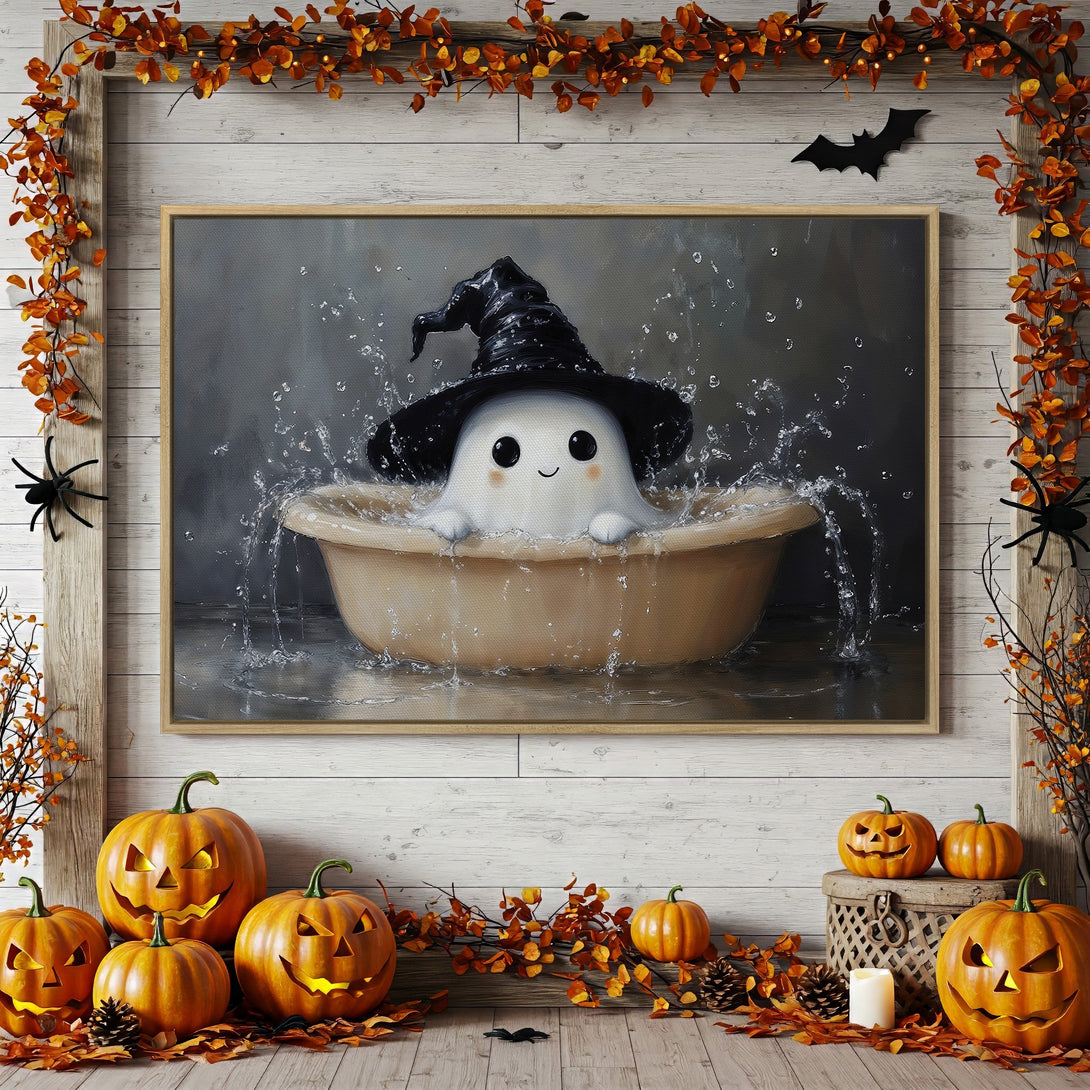 Framed Wall Art: Cute ghost in a witch hat taking a bath. Halloween decor with a neutral, warm color palette. Perfect for spooky season!