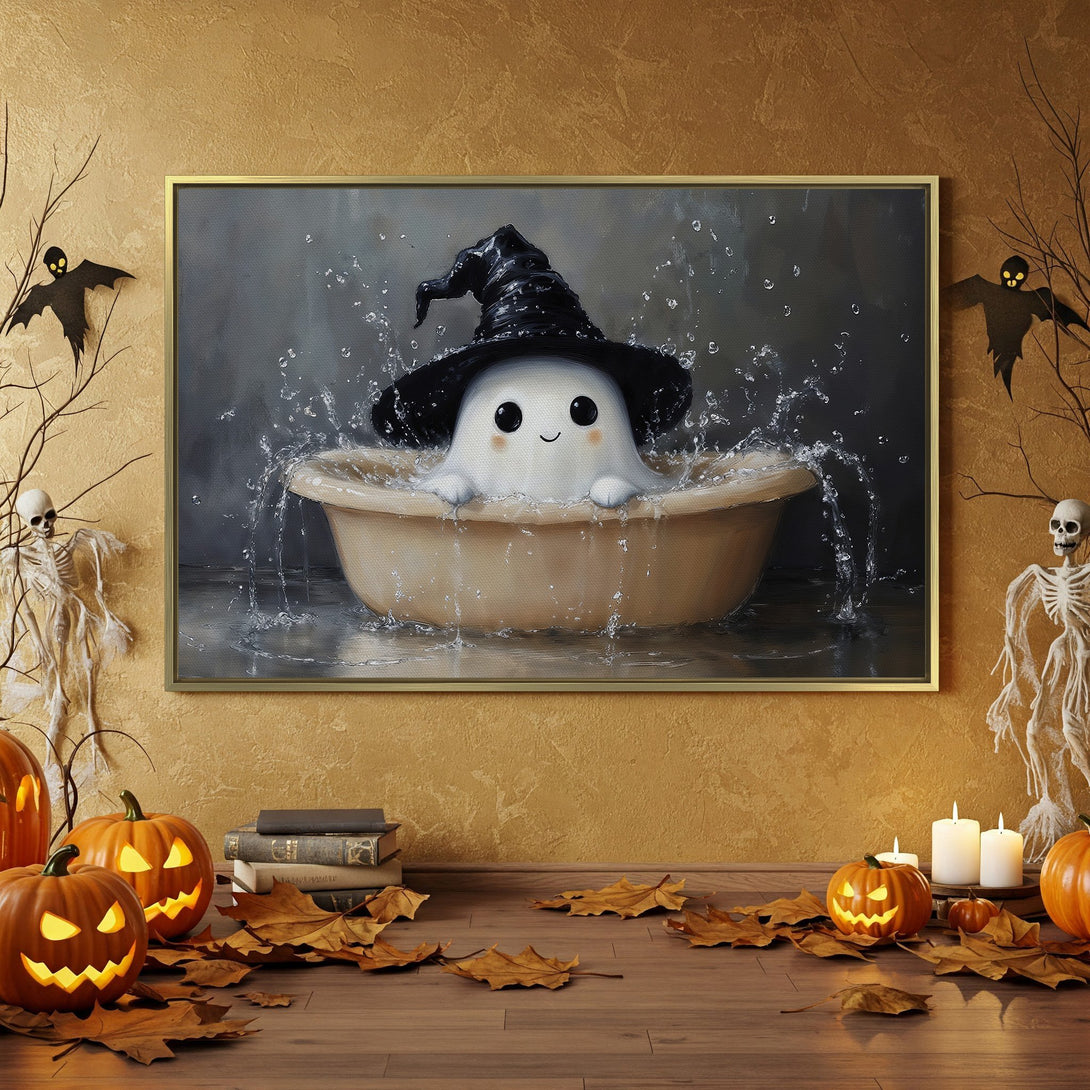 Halloween Canvas Print featuring a cute ghost in a bathtub, warm orange & black color palette, perfect for spooky decor.