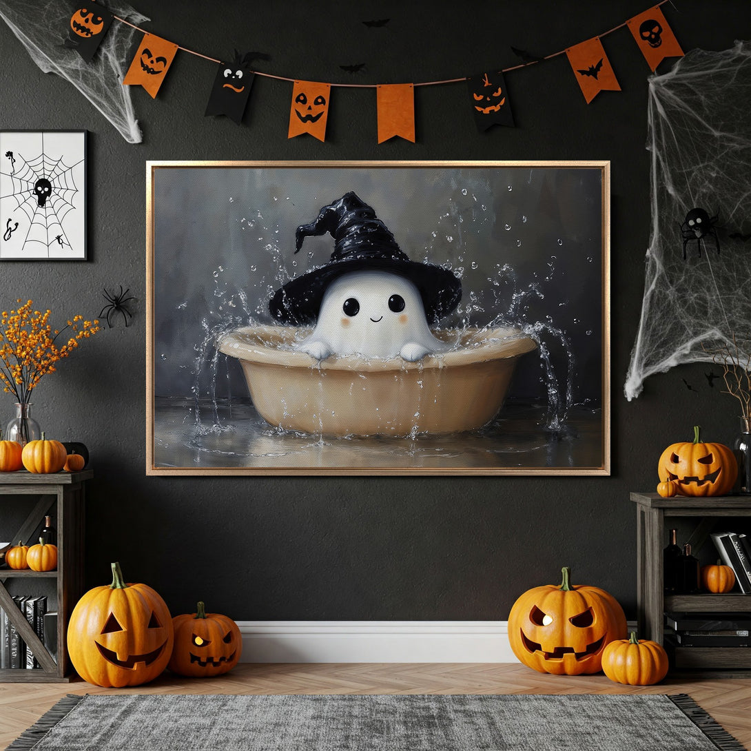 Framed Wall Art: Adorable ghost in a witch hat taking a bath. Halloween-themed art with a whimsical style and dark, moody color palette. Perfect for spooky decor!