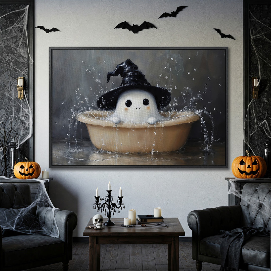 Framed Wall Art: Adorable ghost in a witch hat taking a bath. Halloween-themed art with a neutral and black color palette for a spooky, yet cute vibe.