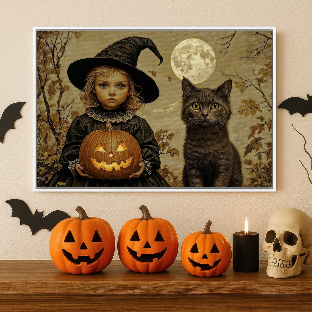 Framed Wall Art: Spooky Halloween scene with witch, cat, and pumpkin. Vintage style, warm earth tones. Perfect for seasonal decor.