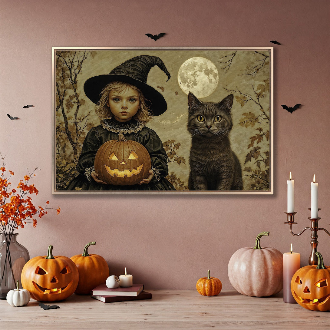 Framed Wall Art: Spooky Halloween scene with witch, cat, and pumpkin. Vintage style, warm color palette. Perfect for fall decor!