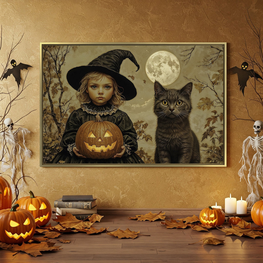 Canvas Print: Spooky Halloween art featuring a witch, cat, and pumpkin. Vintage style, warm orange and neutral tones. Perfect for seasonal decor!