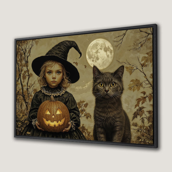 Framed Wall Art: Spooky Halloween scene featuring a witch girl, cat, and pumpkin. Vintage style with sepia tones. Perfect for fall decor.