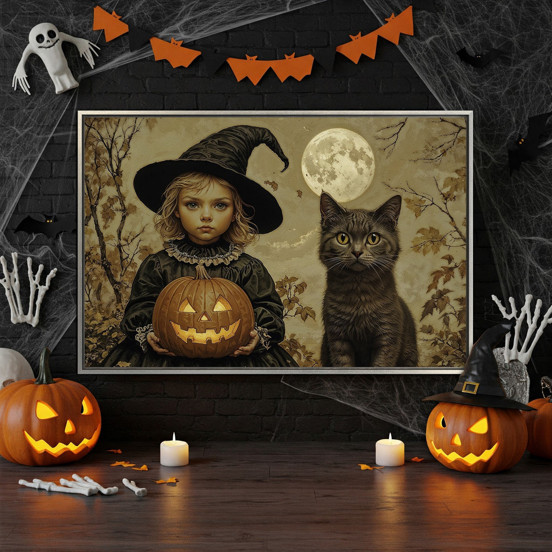Framed Wall Art: Spooky Halloween scene with witch, cat, and pumpkin. Vintage style, warm color palette. Perfect for fall decor!