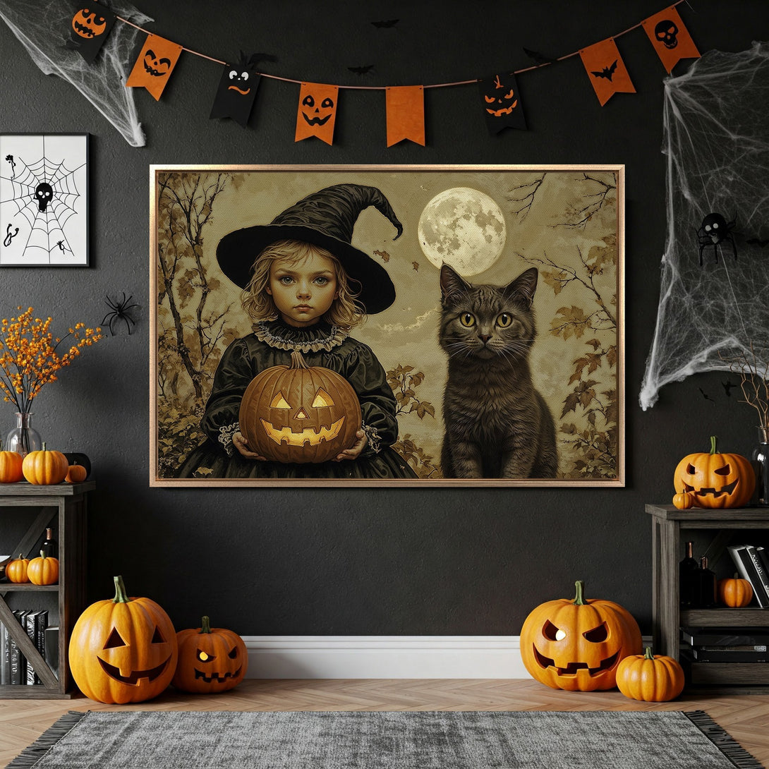 Framed Wall Art featuring a witch and cat in a Halloween scene. Warm sepia tones create a spooky, vintage aesthetic, perfect for seasonal decor.