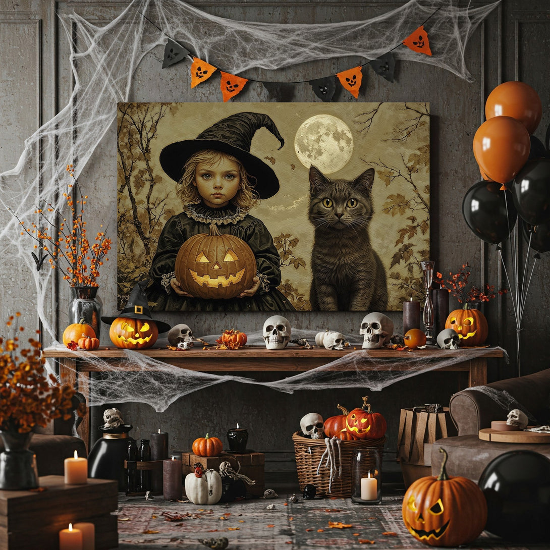 Framed Wall Art: Spooky Halloween scene with a witch, cat, and pumpkin. Vintage style, warm autumnal color palette. Perfect for seasonal decor!
