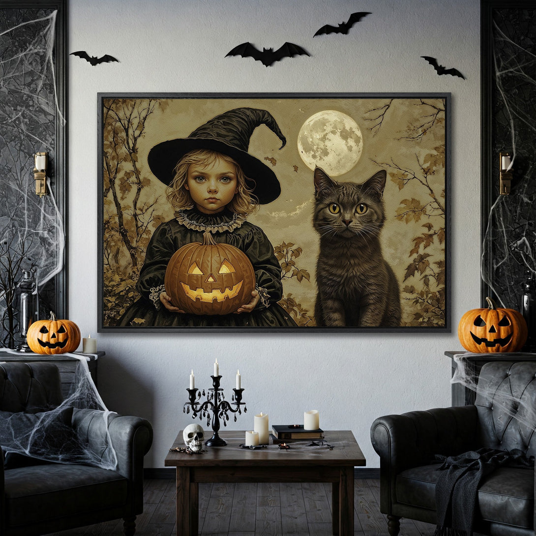 Framed Wall Art: Spooky Halloween scene with a witch, cat, and pumpkin in sepia tones. Perfect for seasonal decor!