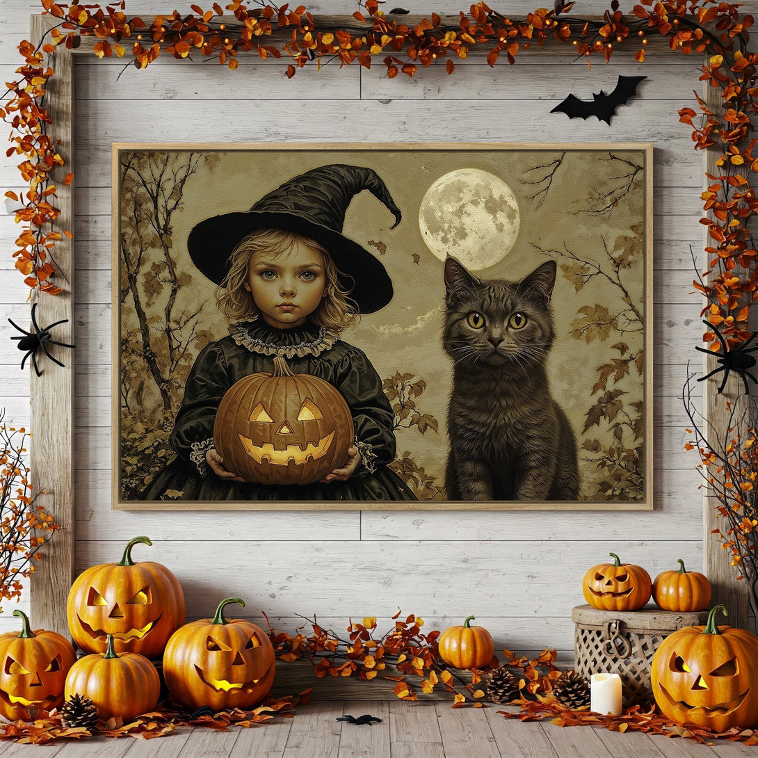 Framed Wall Art: Vintage Halloween scene with witch, cat, and pumpkin. Warm orange and neutral color palette, perfect for fall decor.