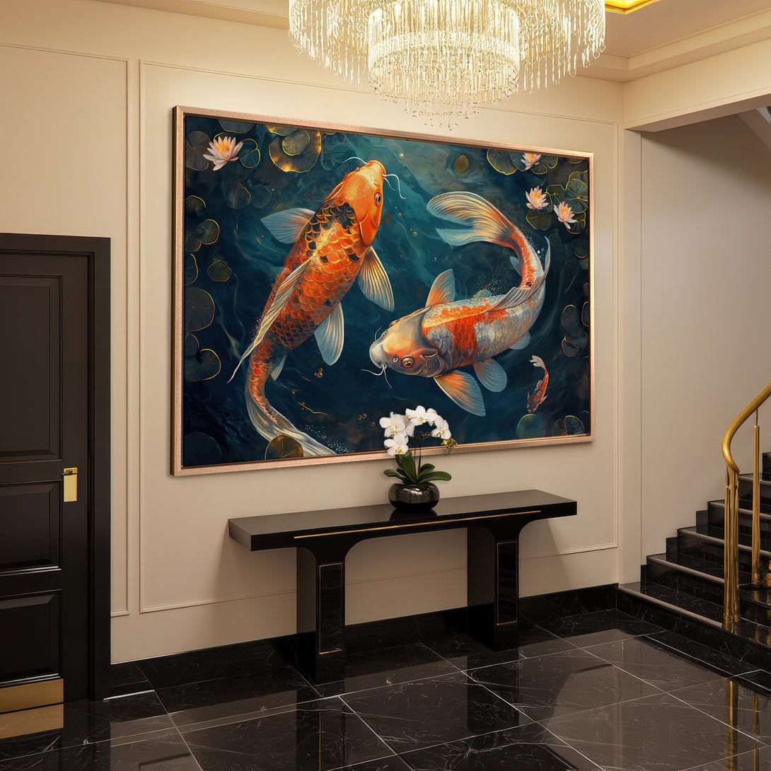 Framed Wall Art: Koi fish canvas print in a luxury interior. Stunning orange, blue, and gold color palette. Enhance your home decor with this elegant artwork.