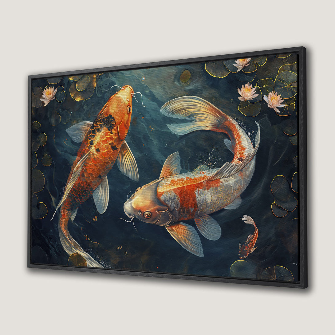 Framed Wall Art: Koi fish canvas print with a dark blue and orange palette. Elegant, artistic style perfect for adding a touch of serenity to your space.