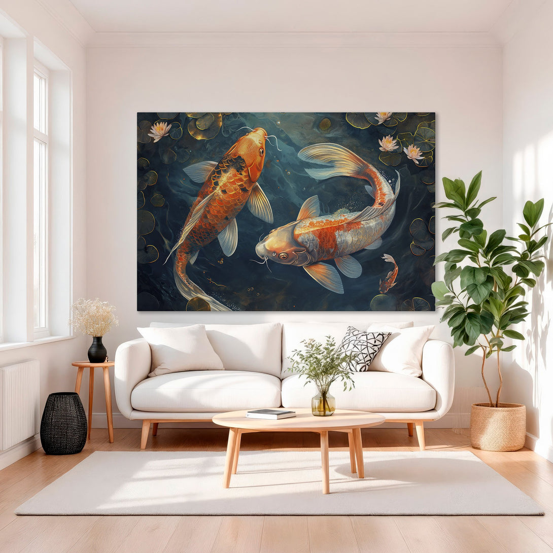 Framed Wall Art featuring koi fish in a serene pond. Elegant art with orange, gold, and blue tones. Perfect for adding a touch of zen to your home decor.