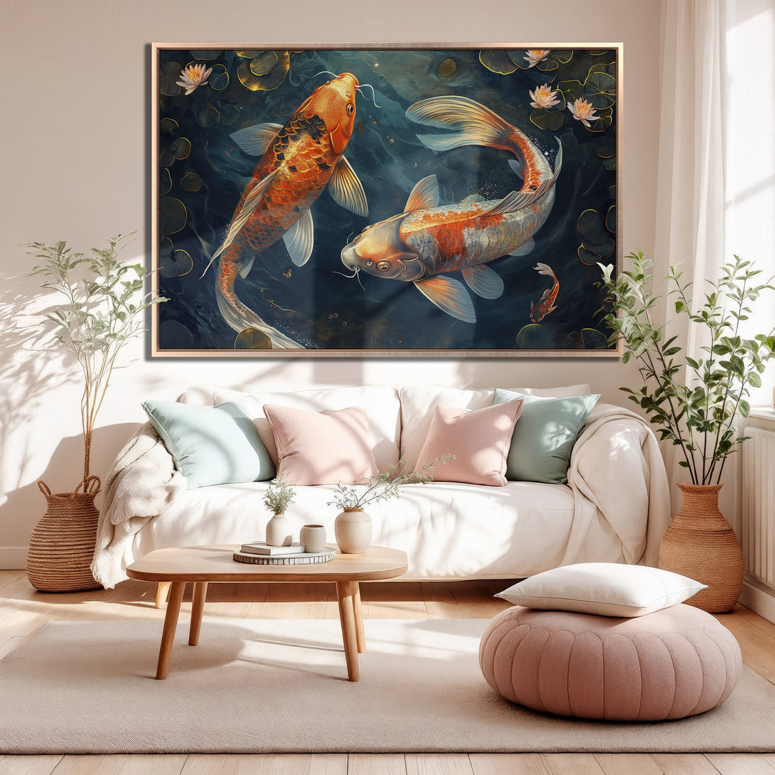Framed Wall Art of Koi fish in a pond. Stunning artwork in a dark blue and orange palette, perfect for adding a touch of zen to your home decor.