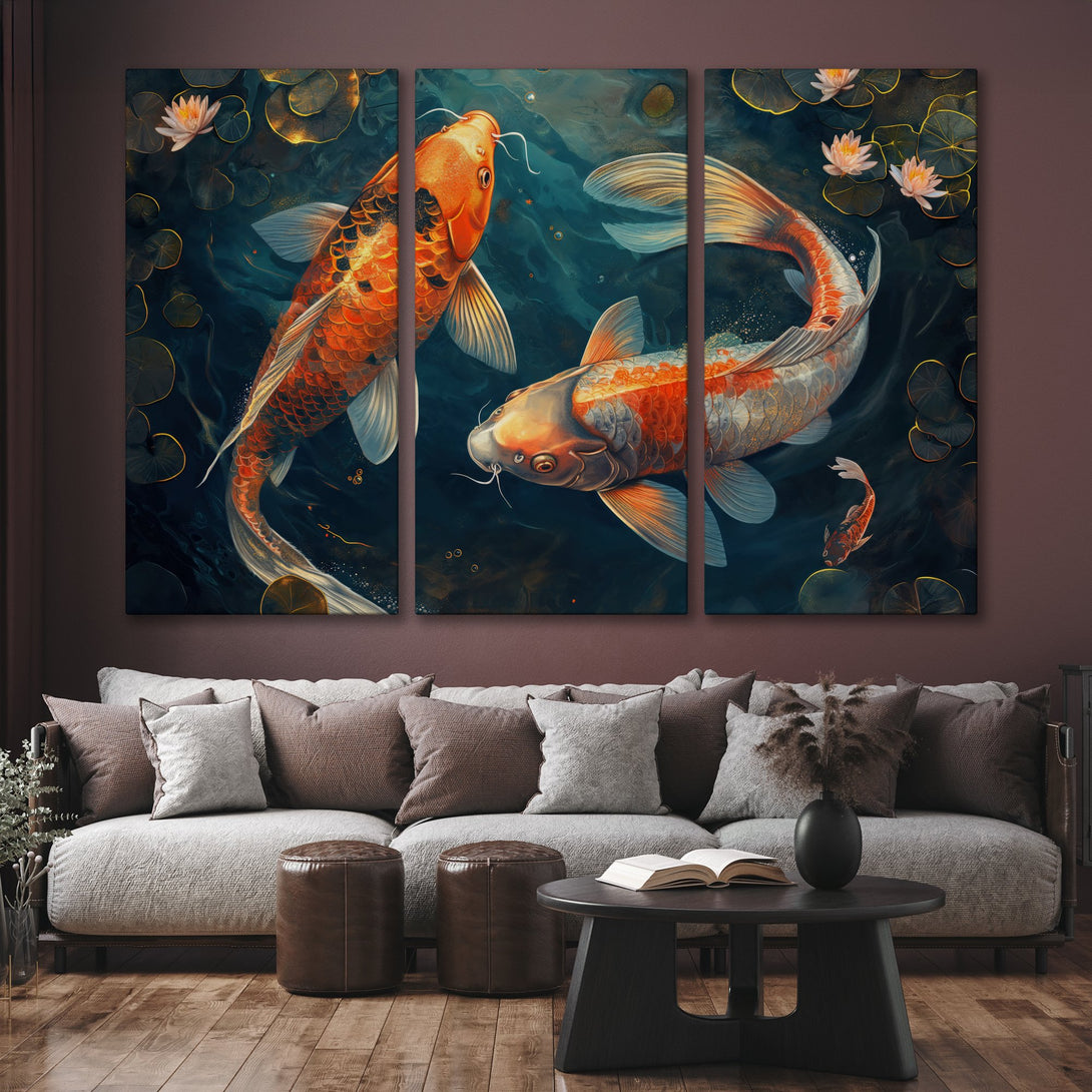 Canvas Print of koi fish in a pond, featuring orange and blue tones, perfect for adding a touch of zen to your space.