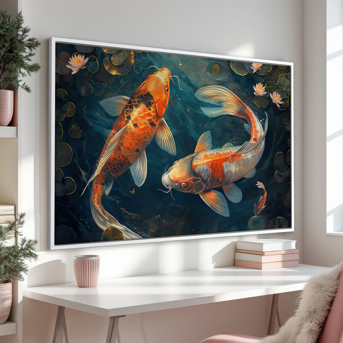 Framed Wall Art featuring koi fish in a serene pond. Beautiful Canvas Print with a dark teal and orange color palette, perfect for a calming interior.