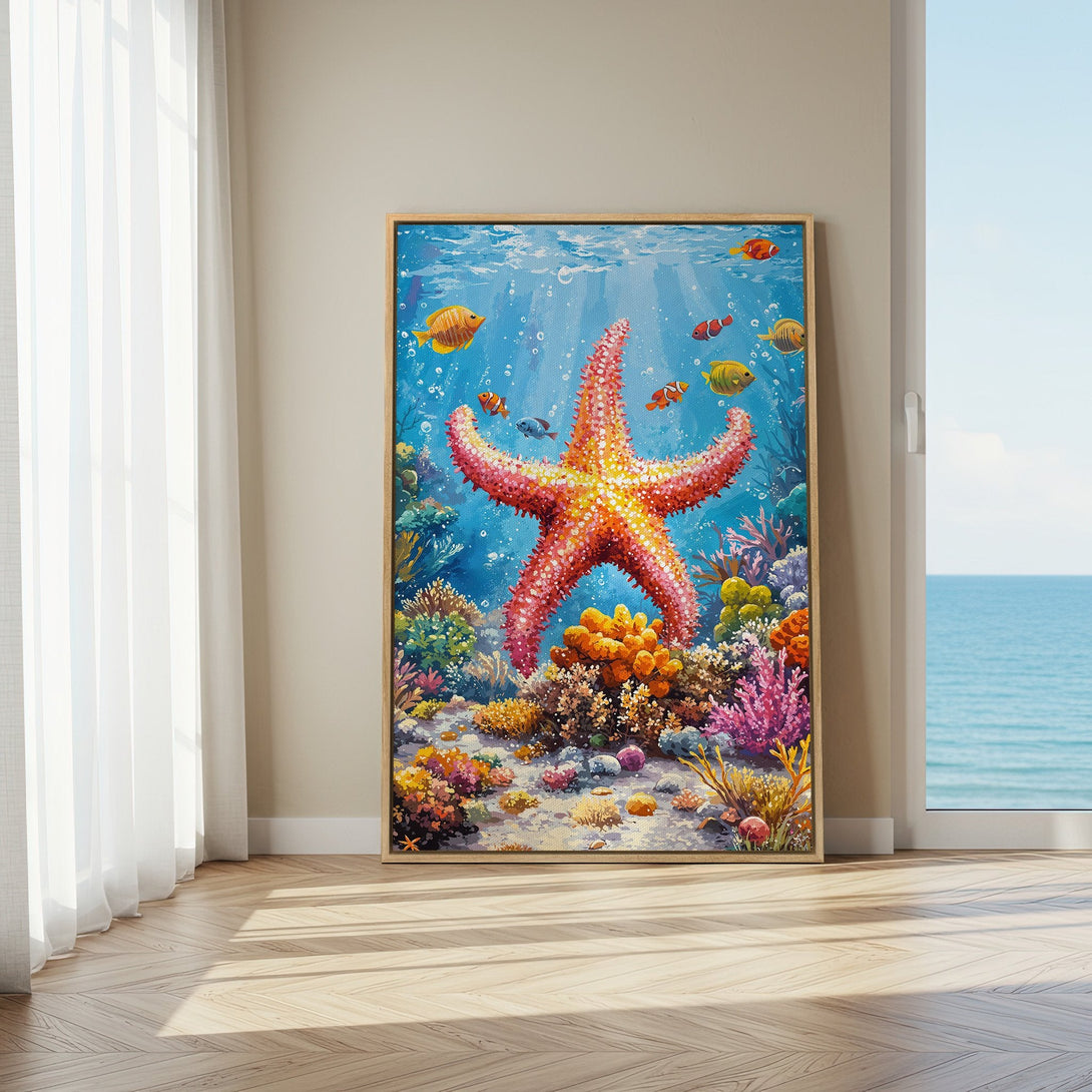 Framed Wall Art: Vibrant starfish and coral reef painting in a coastal interior. Colorful artwork with blue, pink, and yellow hues, perfect for ocean lovers.