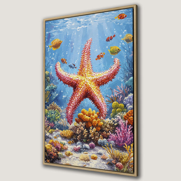 Framed Wall Art: Vibrant underwater scene with starfish and colorful fish. Beautiful ocean-themed Canvas Print in blue, orange, and pink hues. Perfect coastal decor!