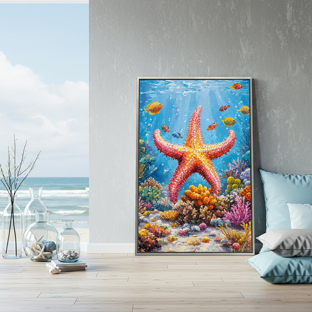 Framed Wall Art: Vibrant underwater scene with starfish & colorful fish. Coastal decor in blue, orange, and pink hues. Perfect for beach house vibes!