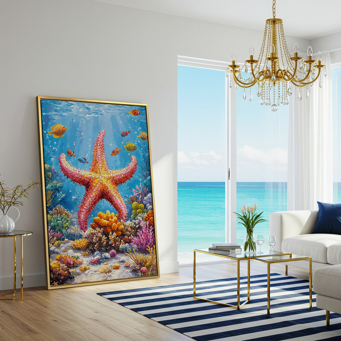Canvas Print: Vibrant underwater scene with starfish and fish. Colorful artwork in a bright, inviting palette. Perfect for coastal decor!