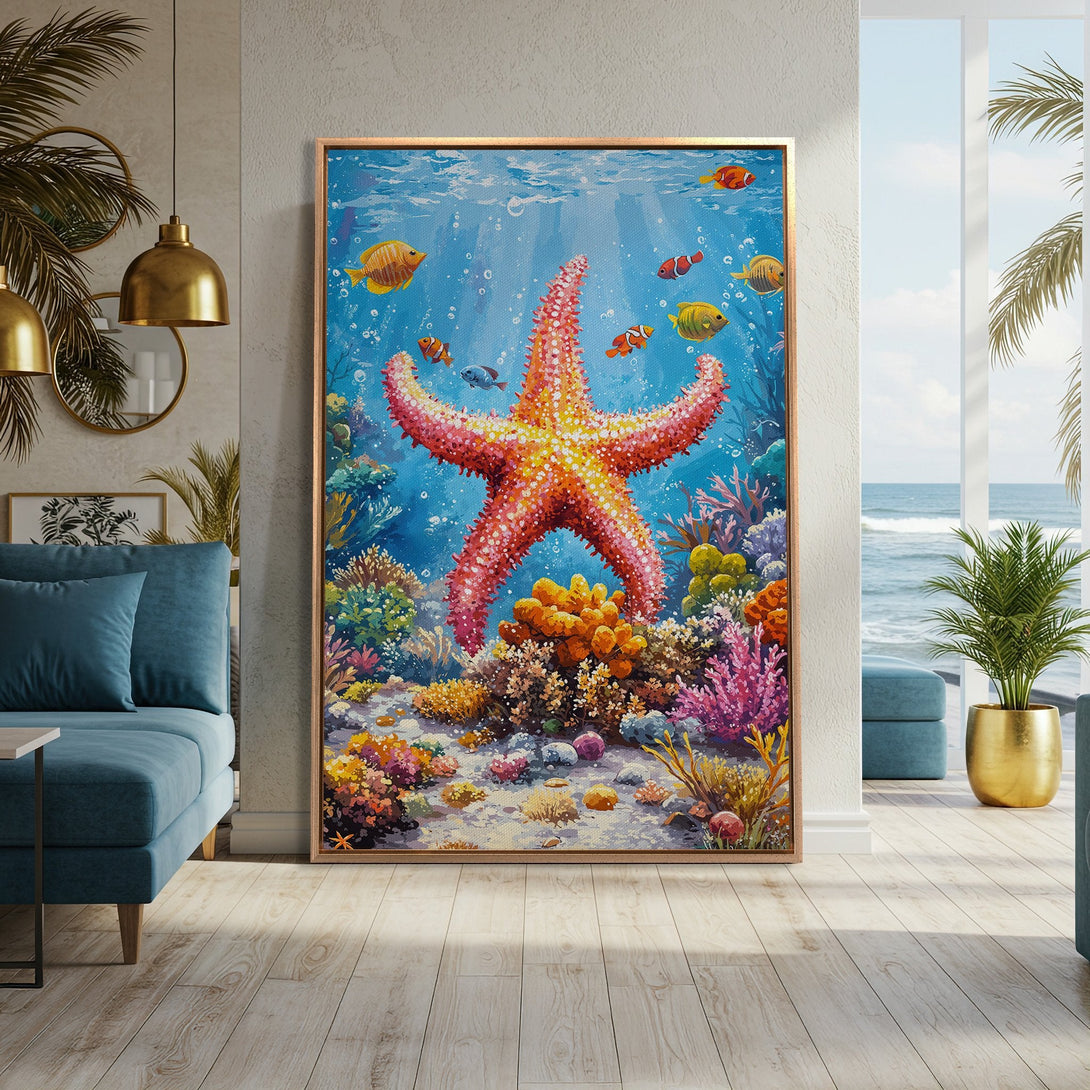 Framed Wall Art: Vibrant underwater scene Canvas Print with a starfish, colorful coral, and fish. Bright blue, coral, and yellow palette for coastal decor.