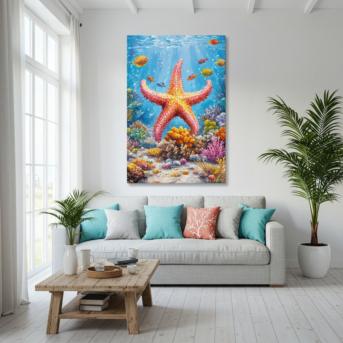 Framed Wall Art: Watercolor starfish and coral reef scene in vibrant blues, oranges, and pinks. Coastal decor for a serene living room.