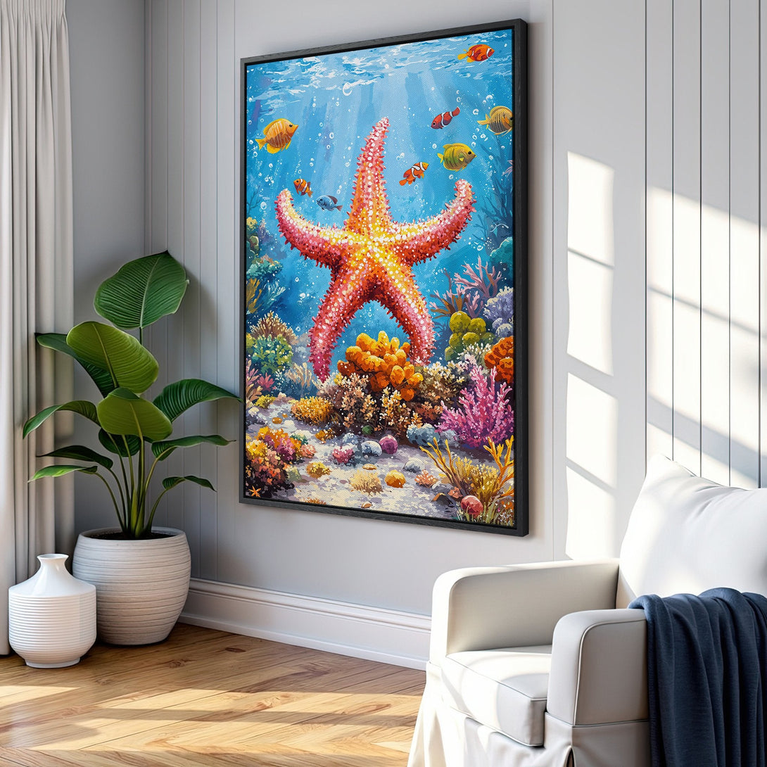 Framed Wall Art: Vibrant underwater scene featuring a starfish, coral, and fish. Colorful artwork with a blue, orange, and pink palette, perfect for coastal decor.