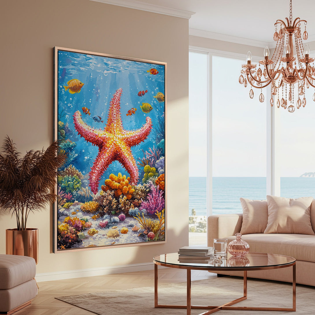 Framed Wall Art: Vibrant underwater scene with starfish & fish. Colorful, impressionistic style canvas print in a coastal interior. Blue, coral, & yellow hues.