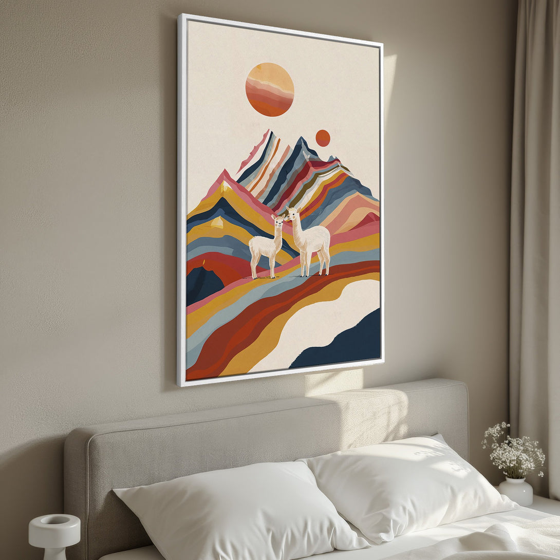 Framed Wall Art featuring a colorful abstract mountain scene with llamas. Earth-toned palette, perfect for adding a touch of nature-inspired art to your bedroom decor.
