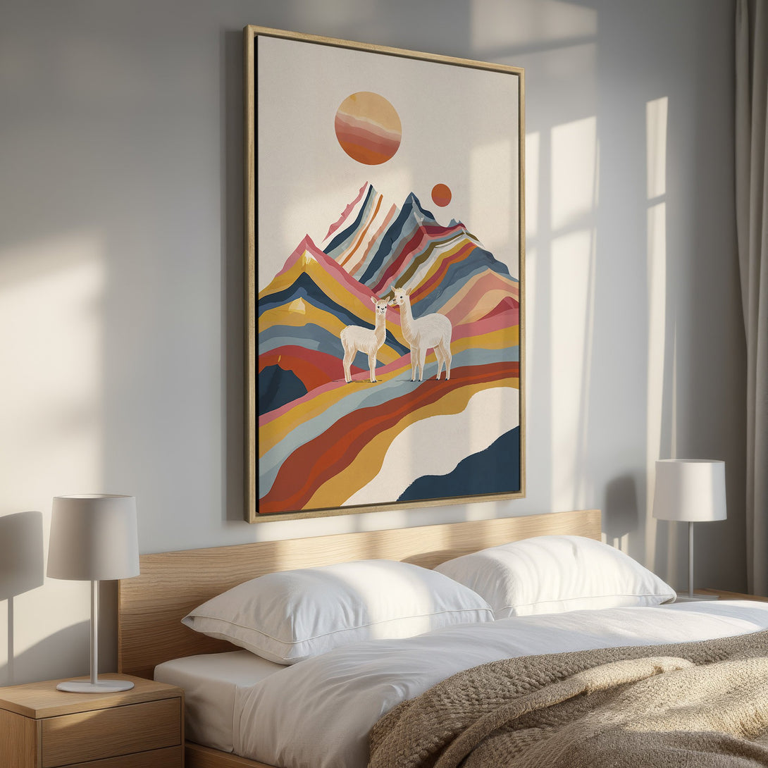 Framed Wall Art: Abstract mountain scene with llamas in warm, earthy tones. Perfect bedroom decor! Add a touch of boho style with this canvas print.