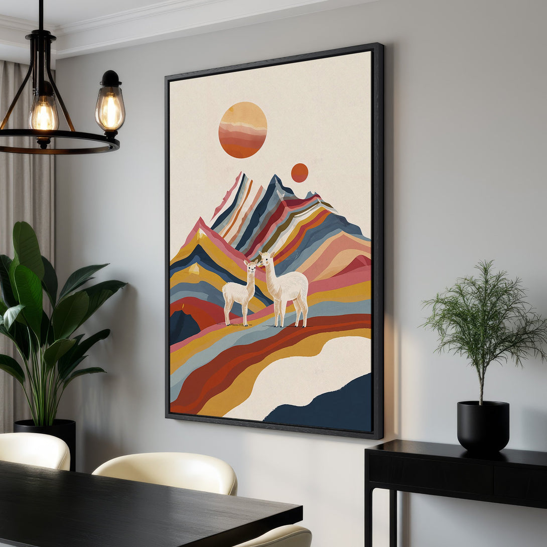 Framed Wall Art featuring a colorful abstract landscape with llamas. Modern art with a warm, earthy palette. Perfect for adding a touch of style to any room.