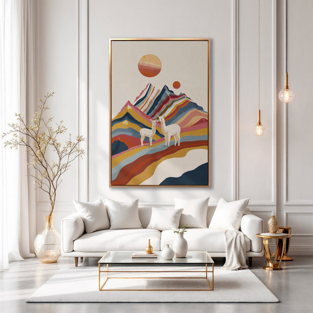 Framed Wall Art featuring a colorful abstract mountain scene with llamas, perfect for modern living room decor. Warm color palette.