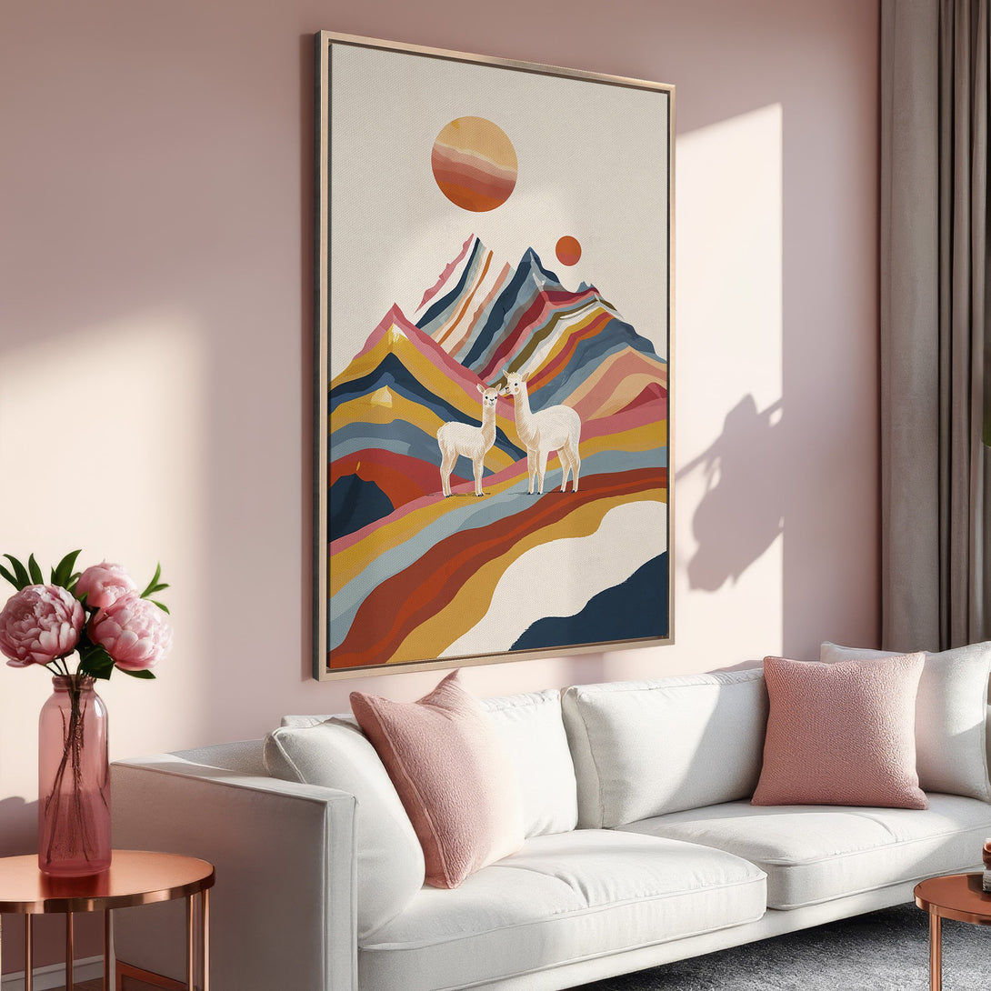 Framed Wall Art: Abstract mountain scene with llamas. Modern art in warm, earthy tones. Perfect for adding a touch of style to your living room.