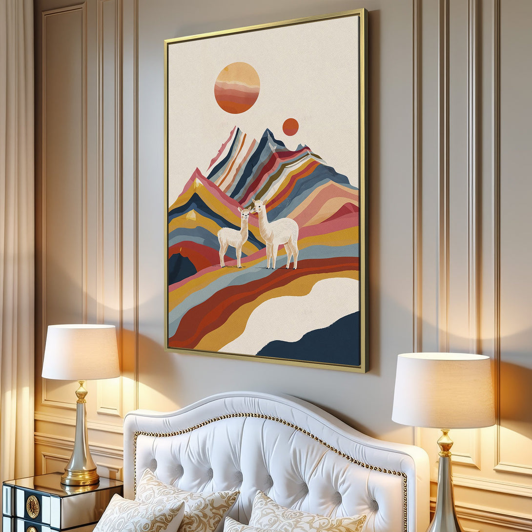 Canvas Print featuring a colorful abstract mountain scene with llamas. Modern art style with warm, earthy tones. Perfect wall decor!