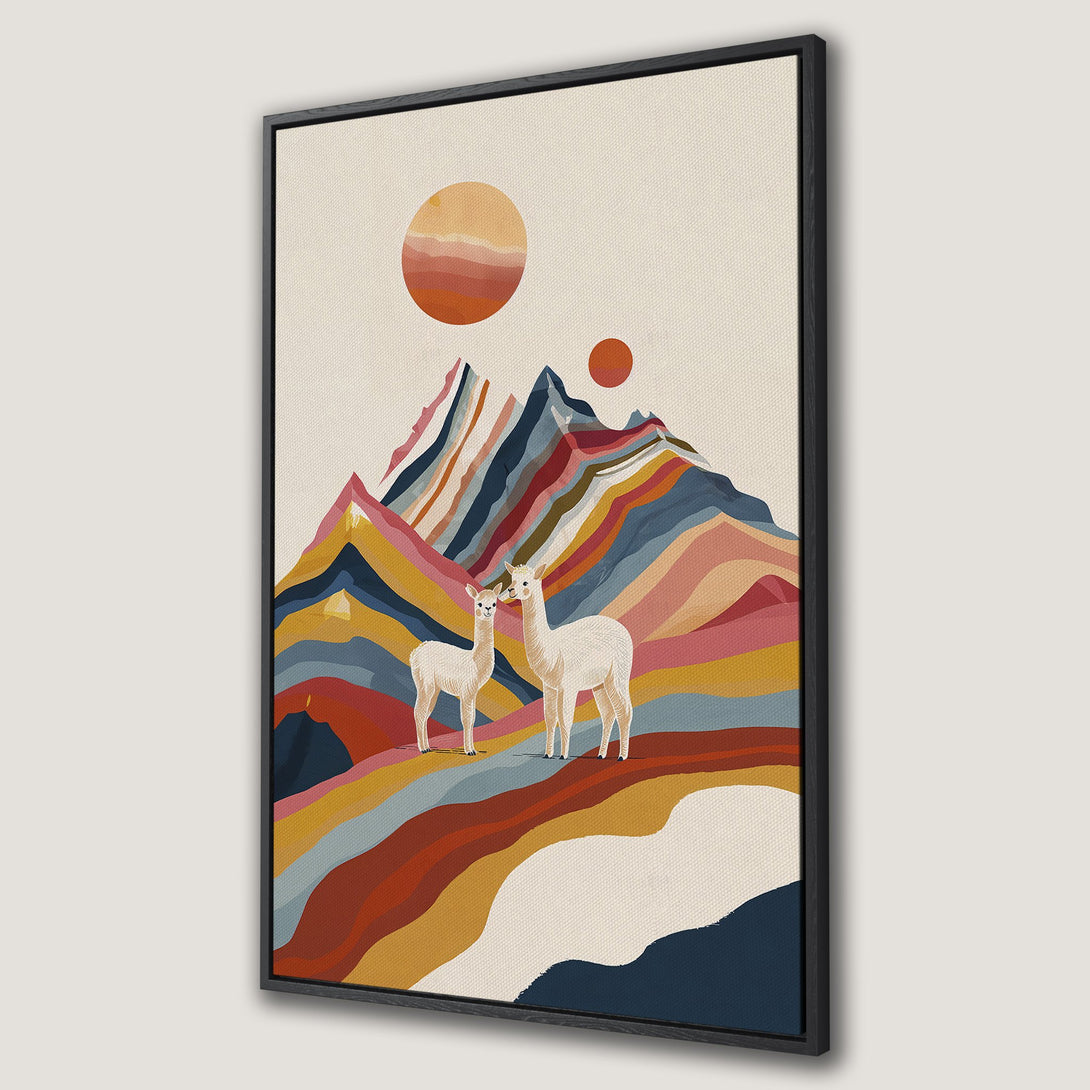 Framed Wall Art featuring a whimsical mountain scene with alpacas, in a warm, earthy color palette. Perfect for adding a touch of nature to your home decor.