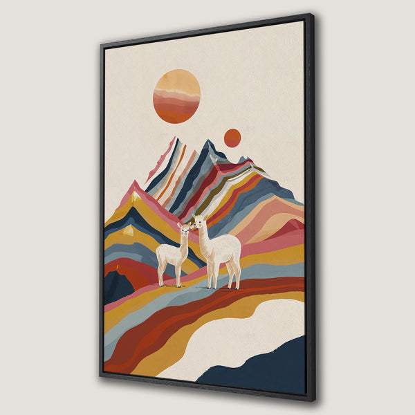 Framed Wall Art featuring a whimsical mountain scene with alpacas, in a warm, earthy color palette. Perfect for adding a touch of nature to your home decor.