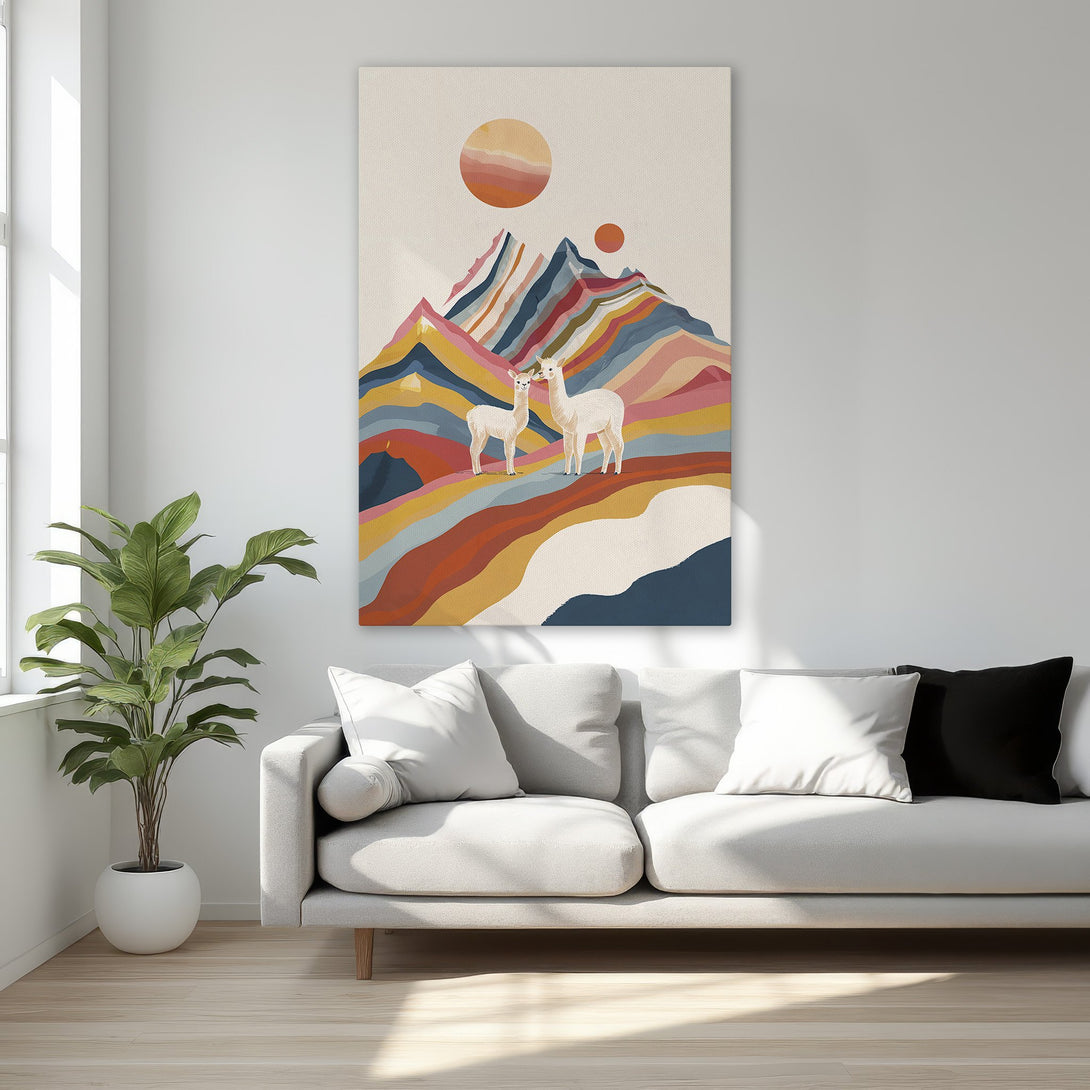 Framed Wall Art: Modern abstract canvas print with llamas, mountains, and warm color palette. Perfect for bedroom decor!