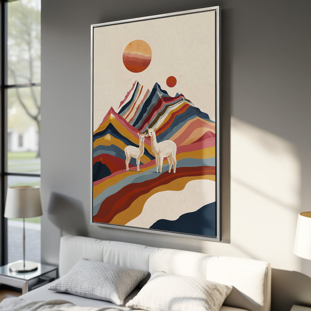 Framed Wall Art of colorful mountain landscape with llamas. Modern art in warm, earthy tones. Perfect for adding a touch of nature to your home decor.